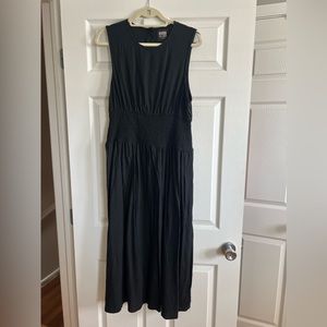 Elastic ruched waist black linen blend midi dress